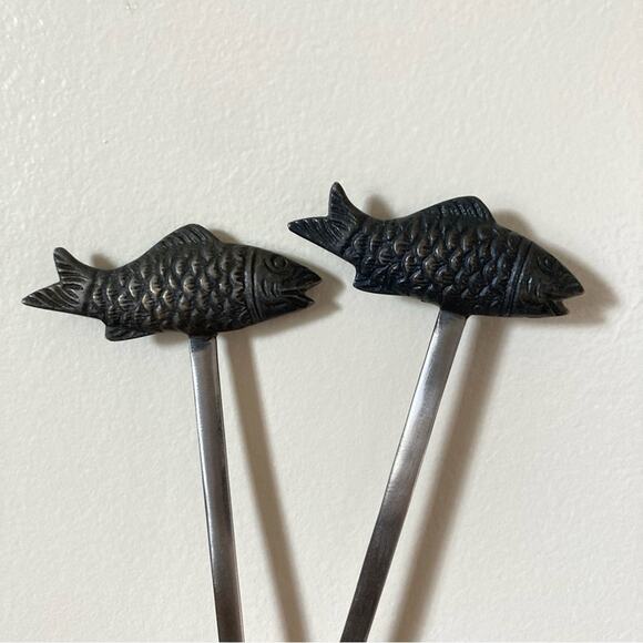 Pewter Shish Kabob Skewers Fish Handle - Picture 1 of 7